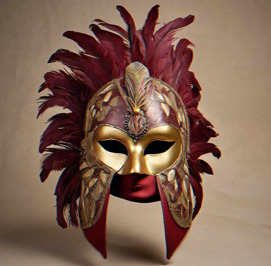 Full-face Volto mask in burgundy papier-mâché with gold detailing and ostrich plume feathering across the forehead