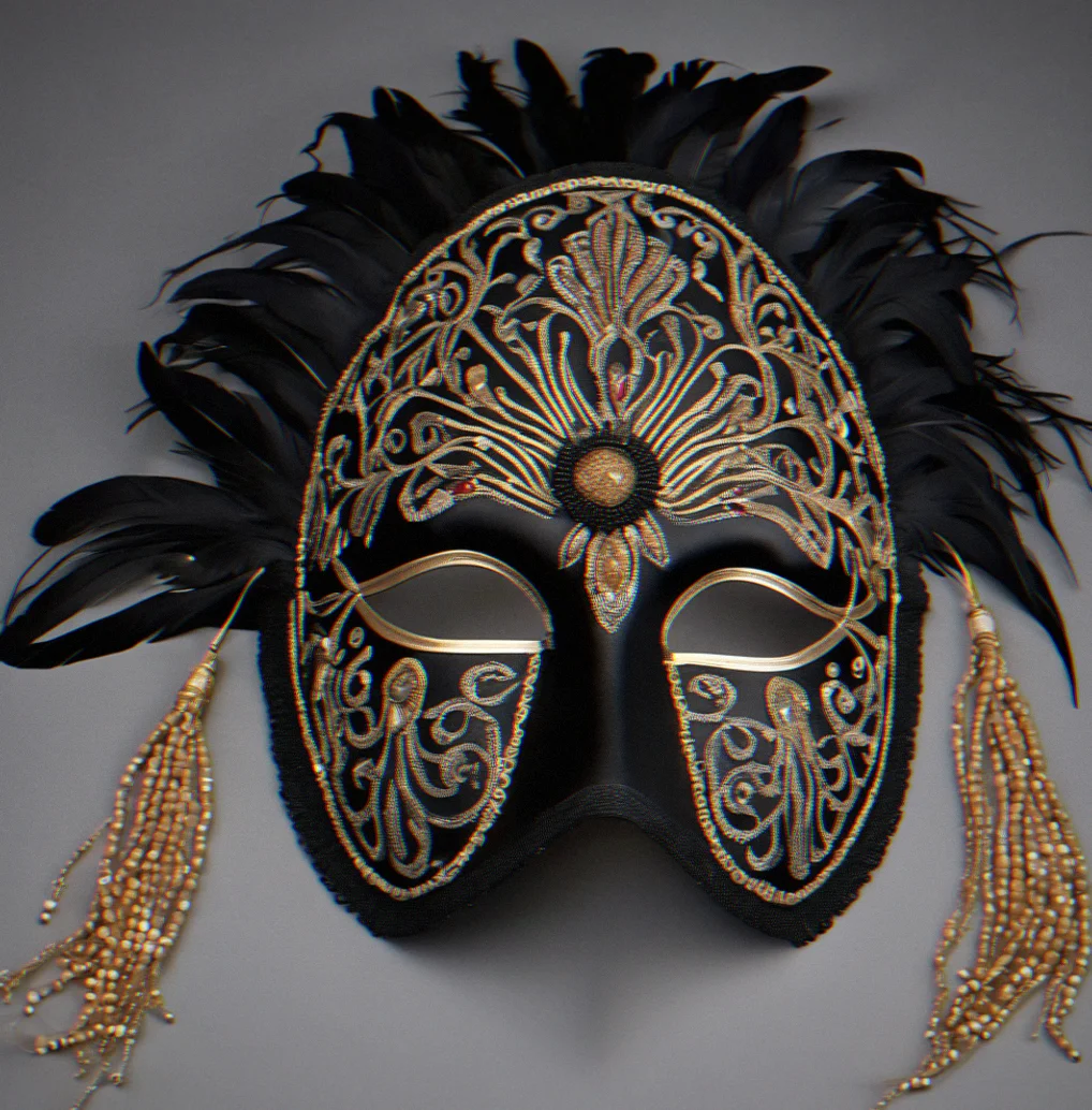 Black half-mask Colombina with intricate seed-bead work radiating from the eye area