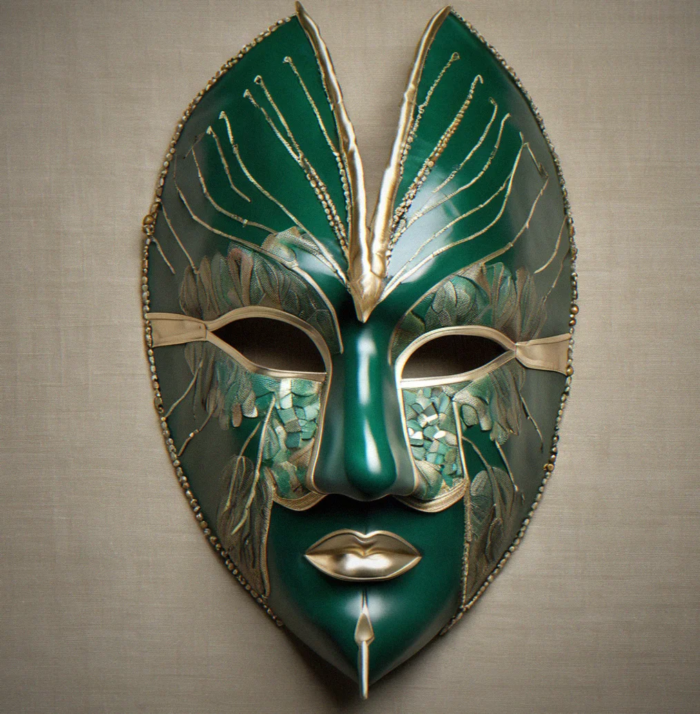 Bauta mask in emerald green with prominent nose ridge and white silk interior lining visible