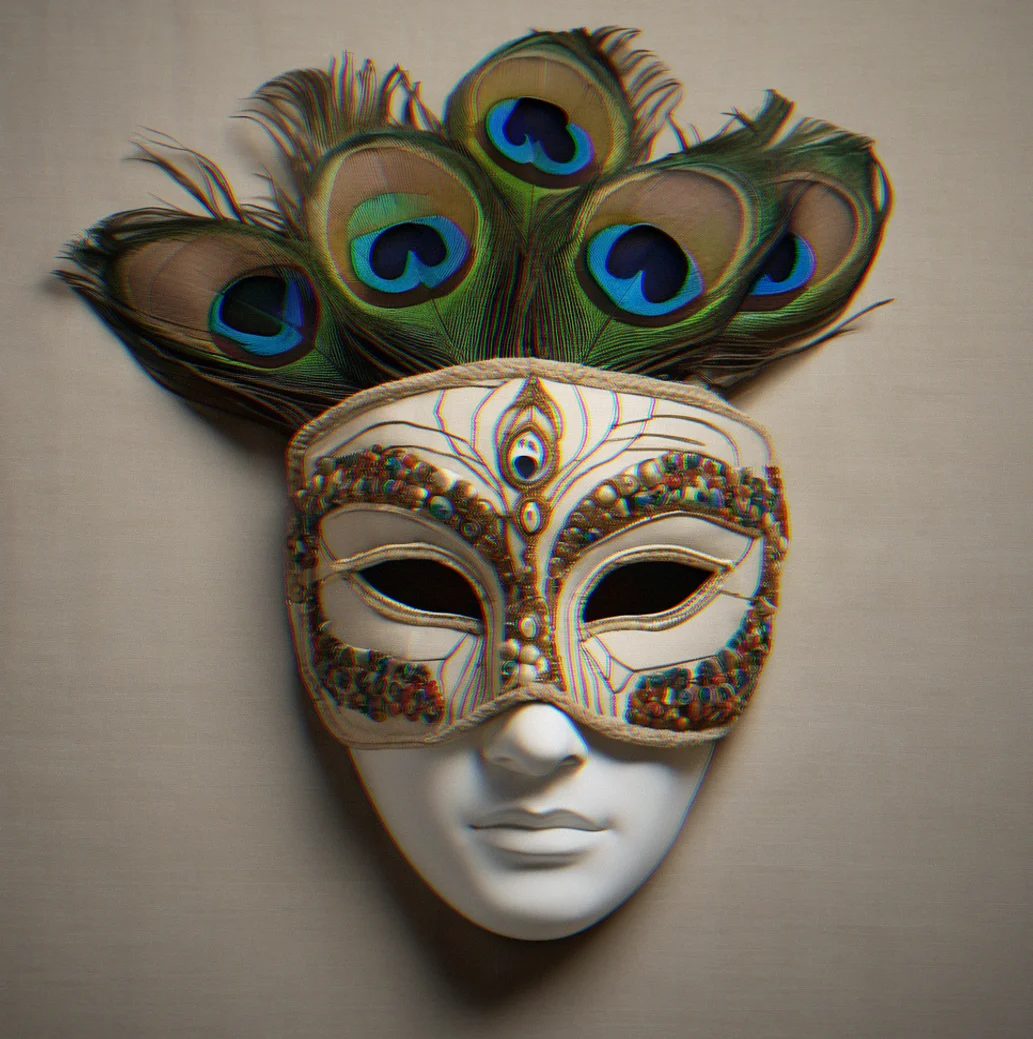 Ivory Larva domino mask with three peacock eye feathers and minimal surface ornamentation