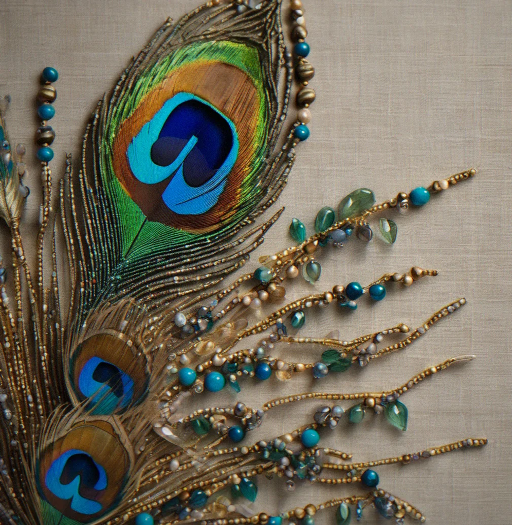 Detail of peacock plume feathering and clustered Murano glasss beads secured to papier-mâché base