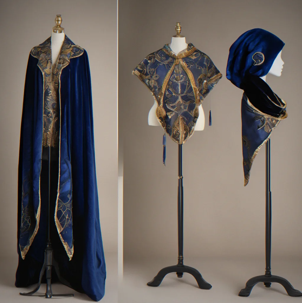 Coordinating ensemble showing mask in deep blue paired with hand-dyed silk velvet cloak draped across studio stand