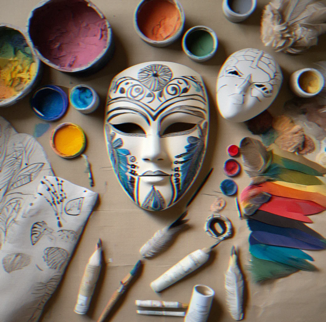 Studio workspace showing hand-painted papier-mâché mask in progress, surrounded by feather samples, paint swatches, and sketches for custom designs