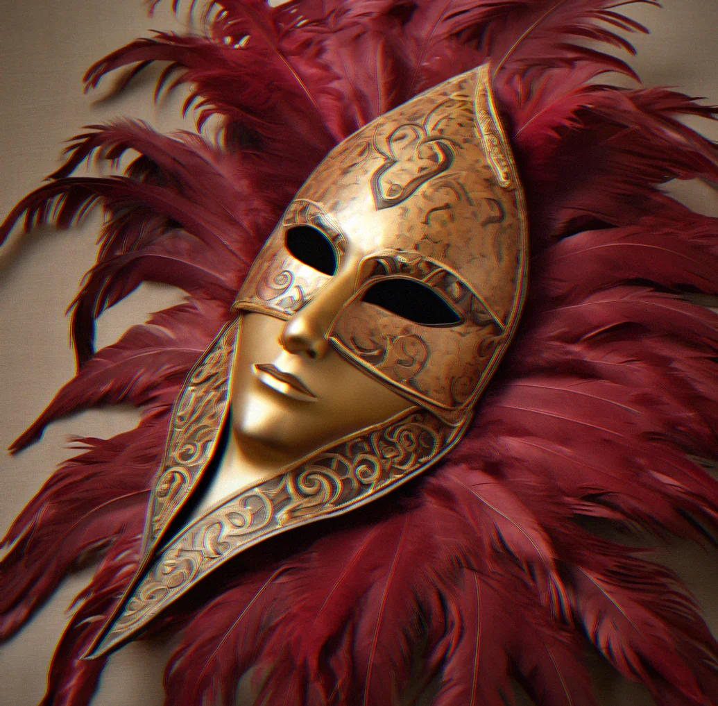 Full-face Volto mask in deep crimson papier-mâché with hand-applied gold leaf and clustered ostrich plumes running along the upper ridge