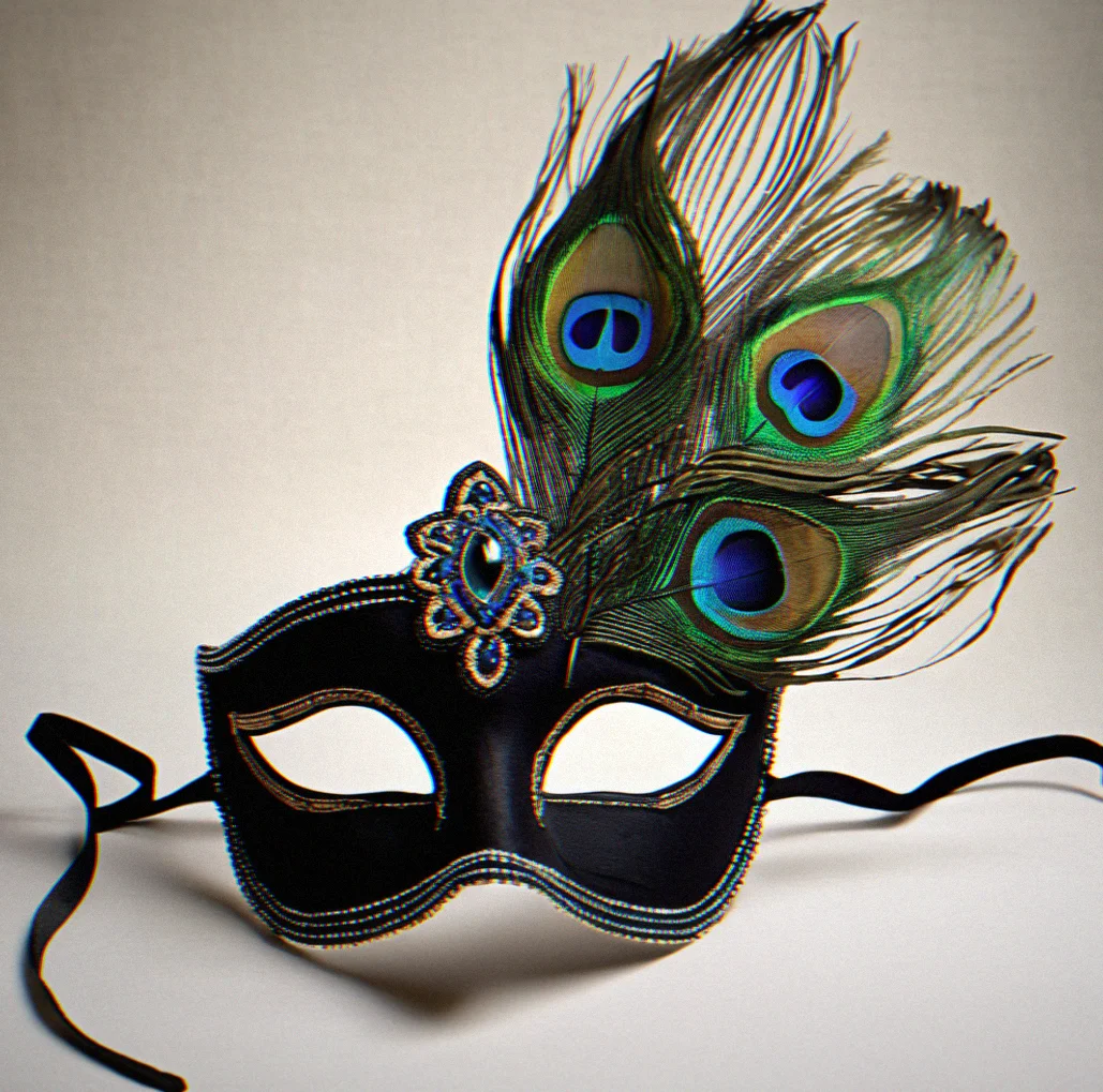 Colombina half-mask in black with intricate seed-bead embroidery that radiates out from the eye area and three peacock eye feathers positioned at the temple