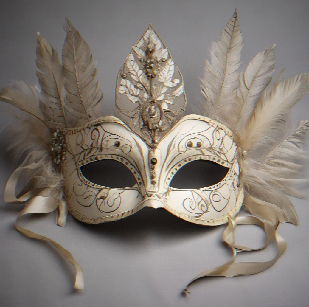 Ivory papier-mâché Lrava domino mask with barely any ornamentation and a tiara structure that's built right into the upper band, set against dark silk