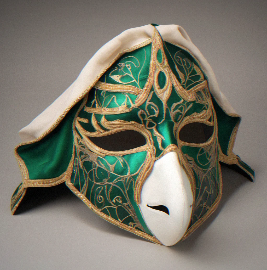 Bauta-form mask in emerald green with a prominent nose bridge, white silk lining showing, and a coordinating silk velvet cloak draped across pale wood