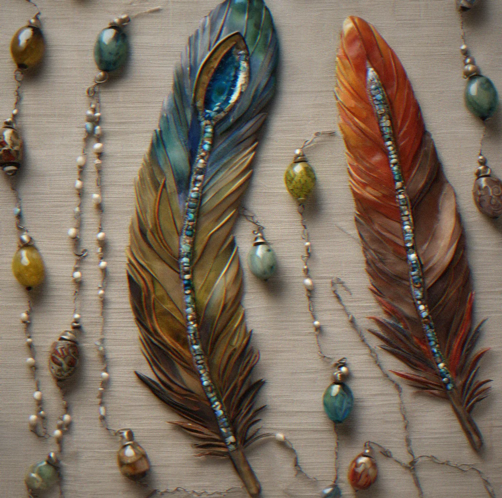Close-up showing the papier-mâché surface with hand-painted feather texture, oil-based pigment layering, and individual Murano glass beads catching the light