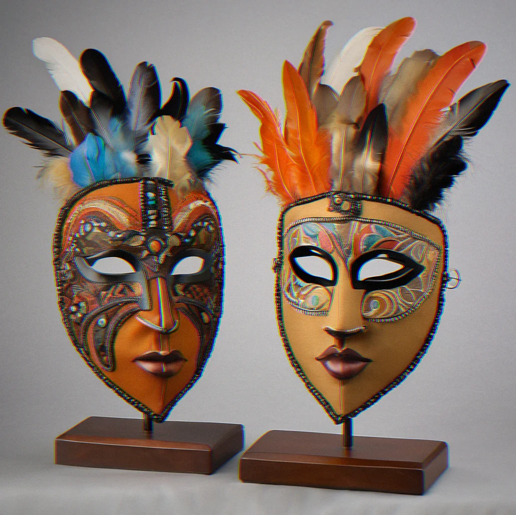 Three finished masks on padded stands in the studio, showing how much variation there can be in color, form, and feathering style even within one commissioned set