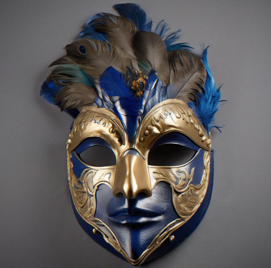 Full-face Volto mask in sapphire blue papier-mâché with hand-applied gold leaf detailing and clustered ostrich plumes along the upper ridge, photographed against neutral grey backdrop