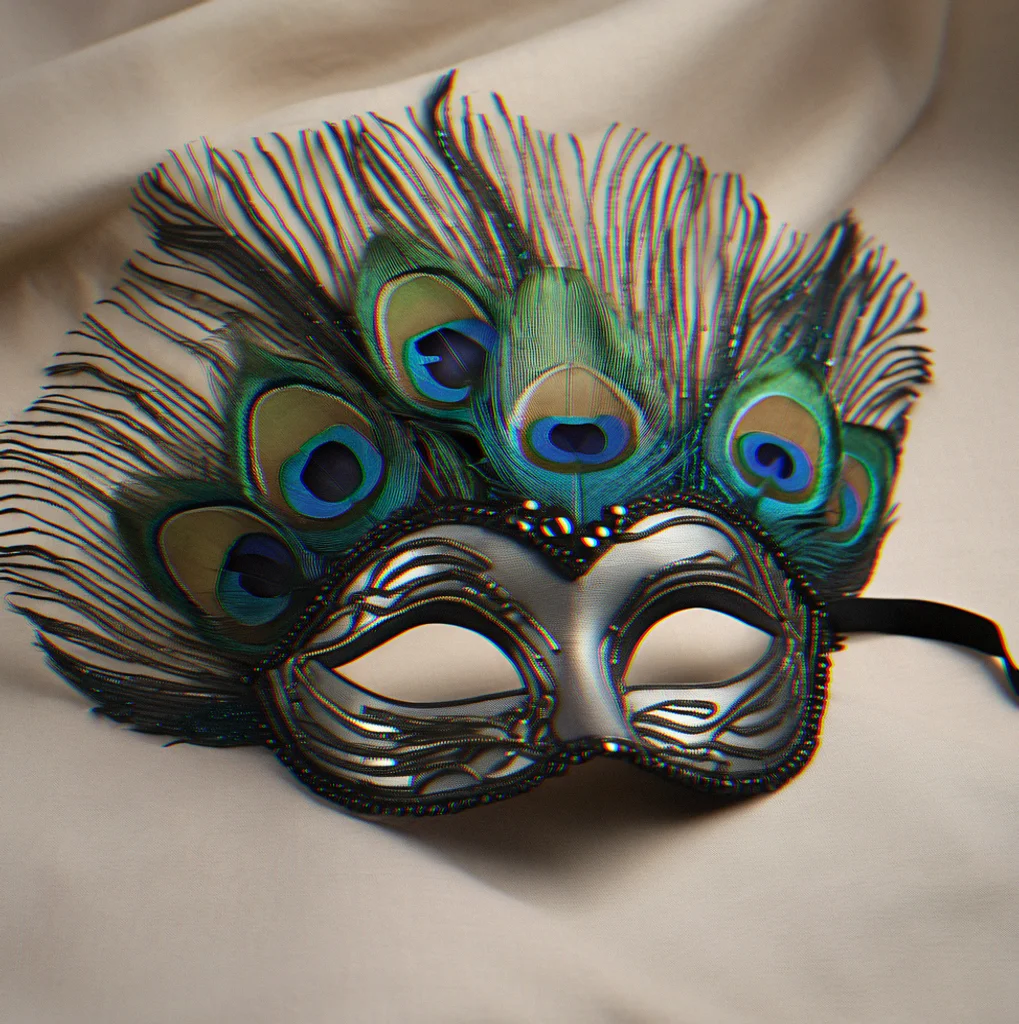 Colombina half-mask in charcoal with intricate seed-bead embroidery forming a radiating sunburst pattern from the eye area and three iridescent peacock eye feathers at the temple