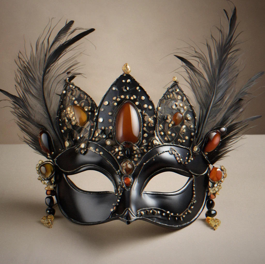 Black papier-mâché Larva domino mask with minimal ornamentation paired with an integrated tiara structure featuring Murano glass focal points, displayed on pale silk cushion