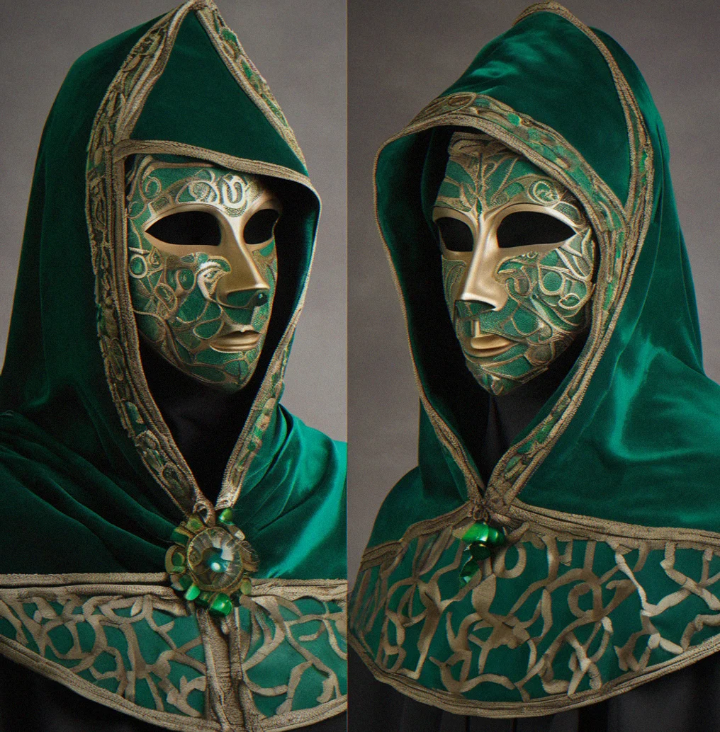 Bauta-form mask in emerald green with prominent nose bridge and distinctive lower-face opening, shown alongside coordinating hand-dyed silk velvet cloak in matching emerald tone