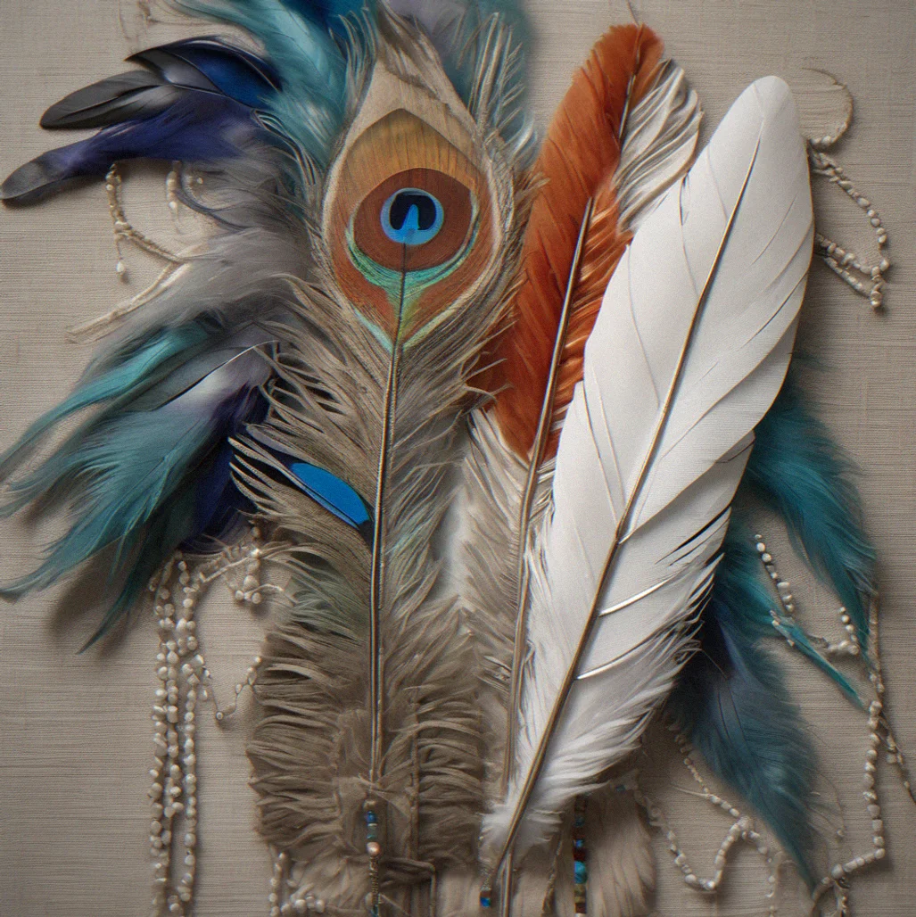 Close-up detail showing papier-mâché surface texture, hand-painted oil pigment layering in jewdl tones, individual marabou feather placement, and archival adhesive securing Murano glass seed beads