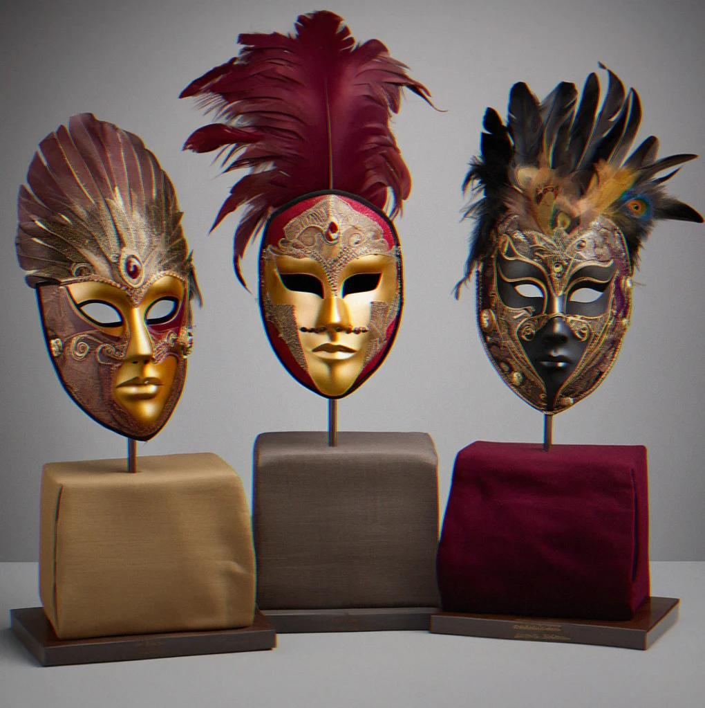 Three completed masks displayed on padded stands in studio setting, showing coordinating set for event with variation in form and feathering approach while maintaining cohesive color palette across burgundy and gold tones
