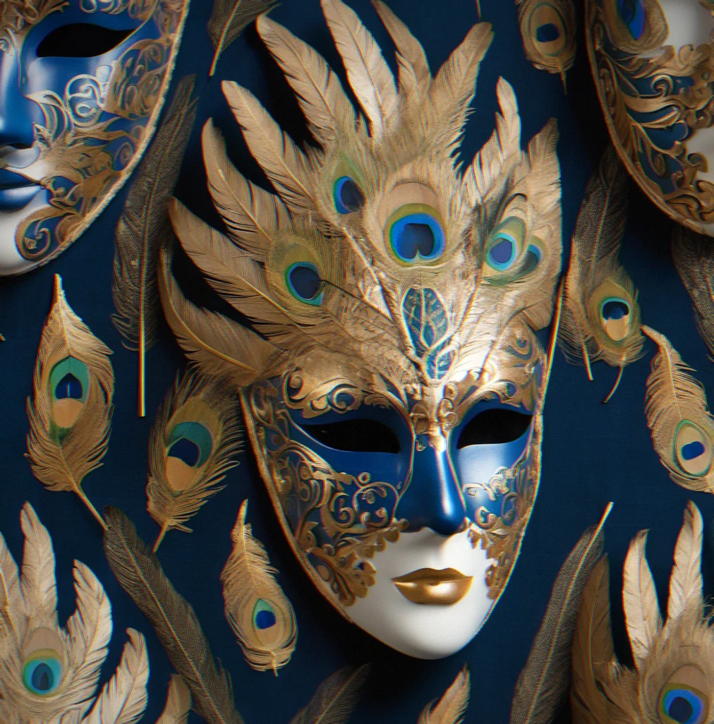 Full-face Venetian mask with peacock feathers and hand-painted gold leaf on a deep blue papier-mâché base