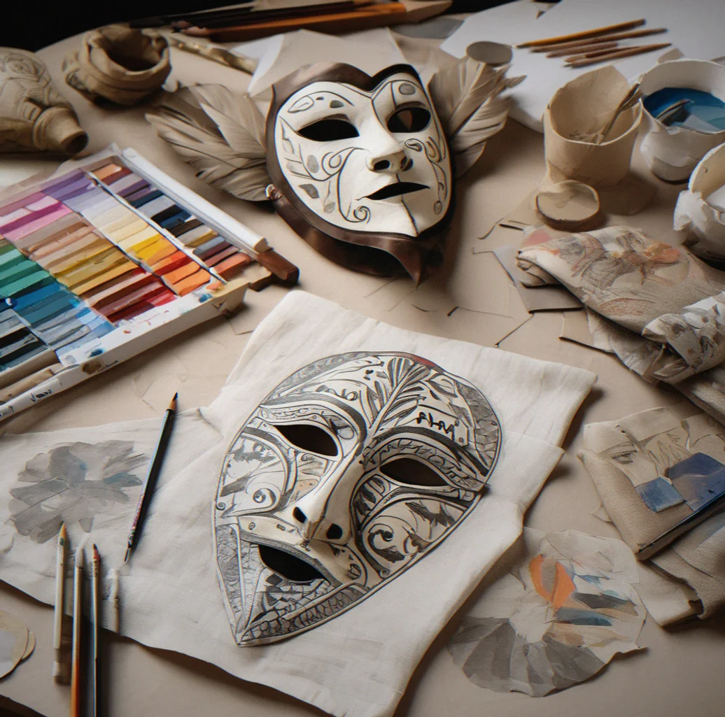 Studio workspace with pencil sketches of mask designs laid across a desk, paint swatches scattered nearby and a papier-mâché mask form partially finished in the center
