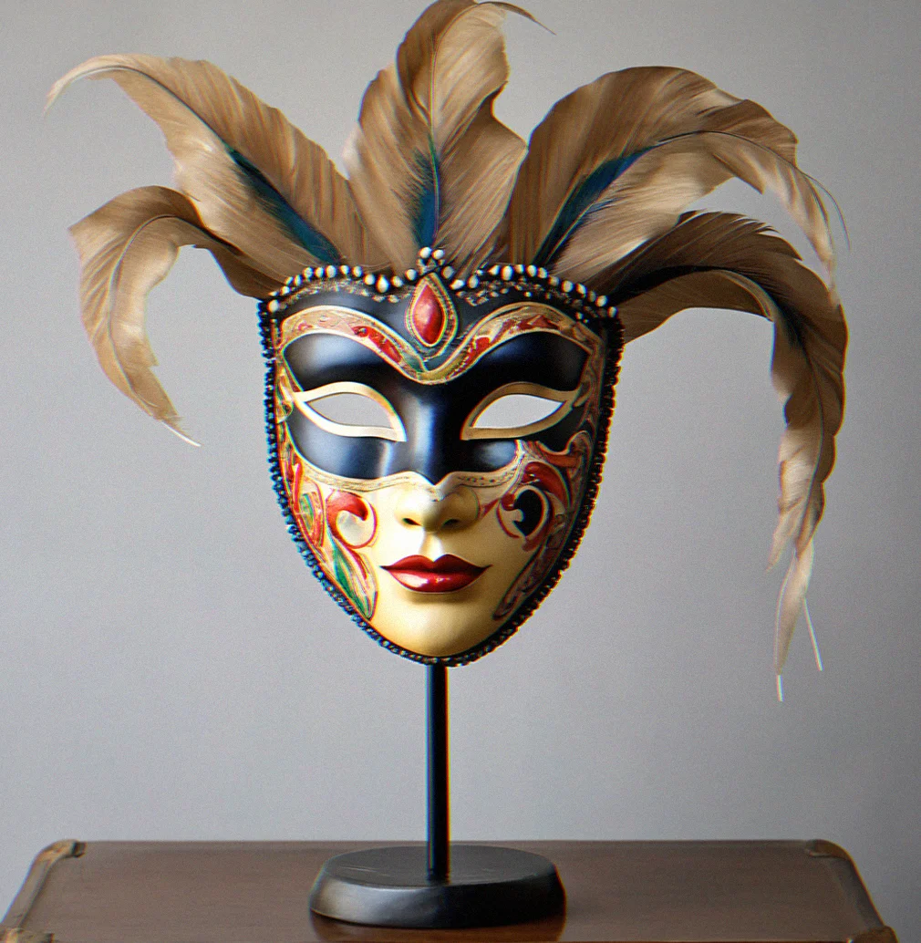 Hand-painted Venetian mask resting on a padded stand in natural light, the papier-mâché catching the glow without any plastic-y reflection