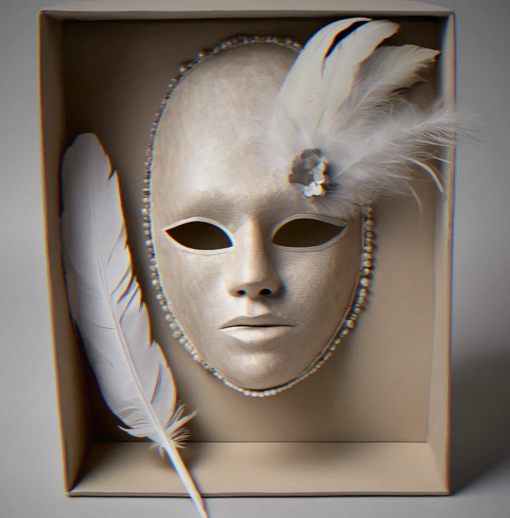 Acid-free tissue paper lines the inside of a museum-grade storage box, with the mask laid flat and protective padding tucked around the feathered and beaded parts